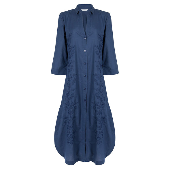 French Navy Embroidered Shirt Dress